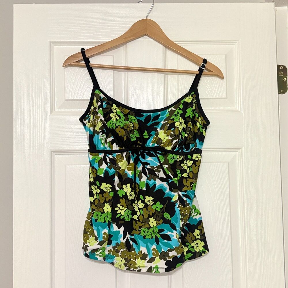 Swim Tankini Top Womens 12 Green Blue Black Floral Empire Waist Padded Bra Y2K